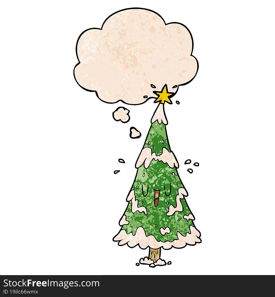 Cartoon Christmas Tree And Thought Bubble In Grunge Texture Pattern Style