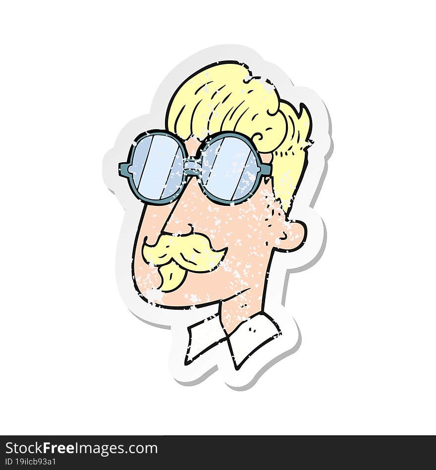 Retro Distressed Sticker Of A Cartoon Man With Mustache And Spectacles