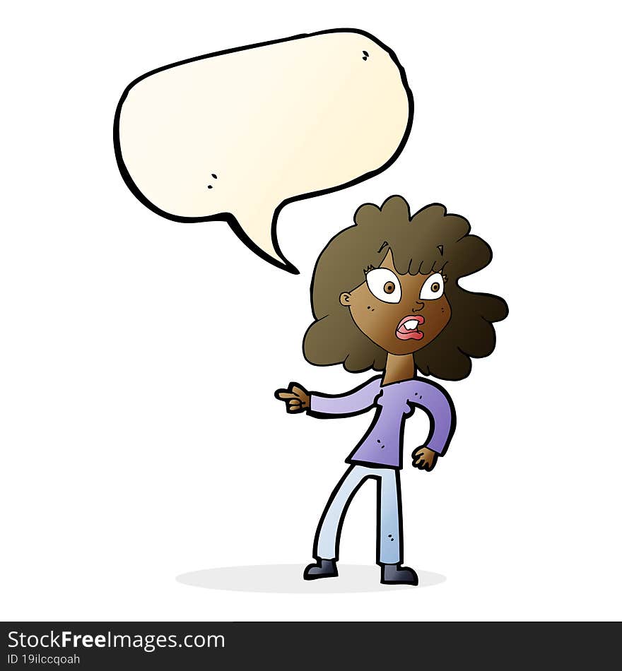 Cartoon Worried Woman Pointing With Speech Bubble