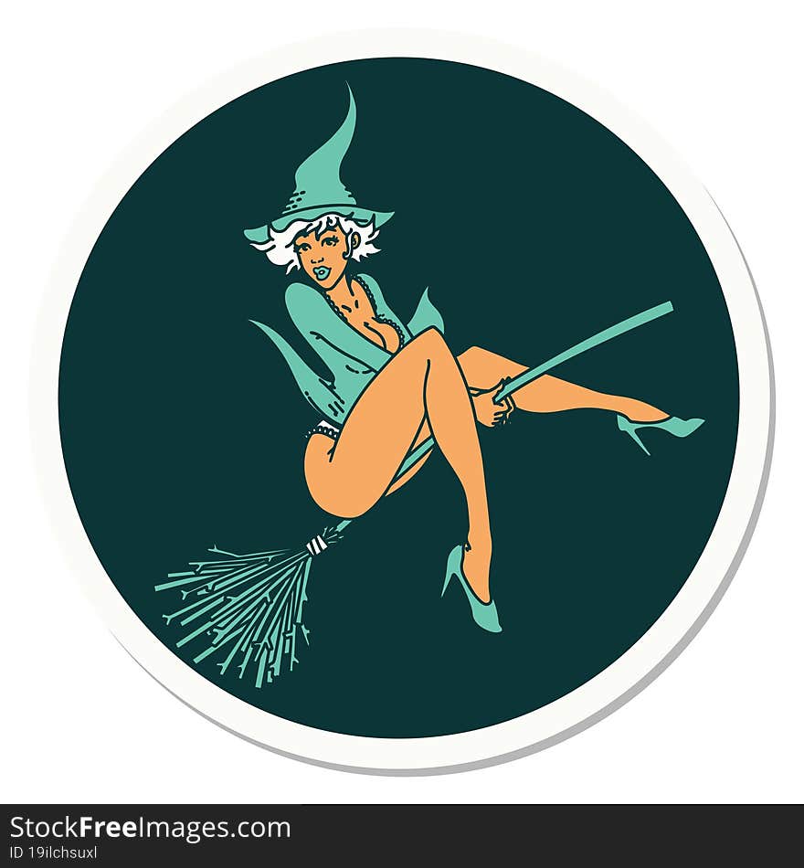 sticker of tattoo in traditional style of a pinup witch. sticker of tattoo in traditional style of a pinup witch