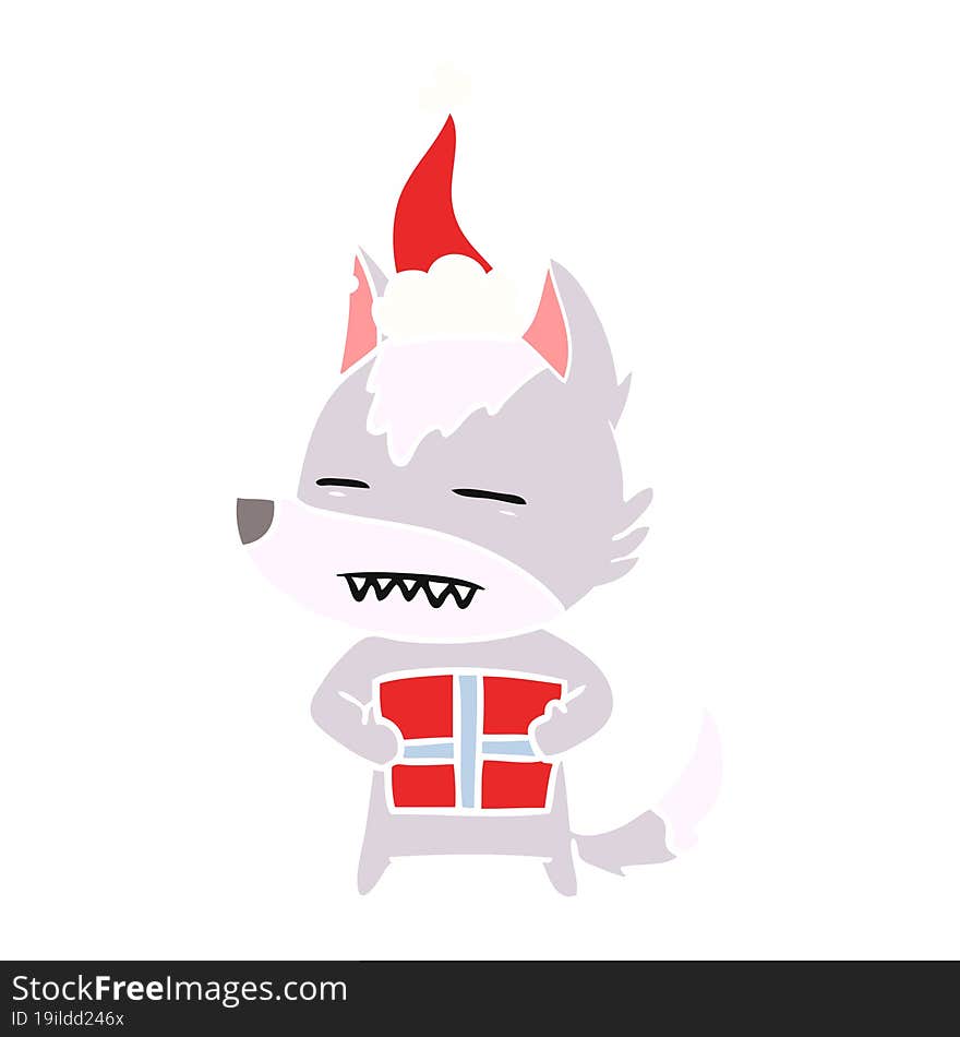 hand drawn flat color illustration of a wolf with a gift wearing santa hat