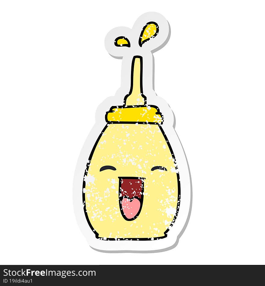 distressed sticker of a quirky hand drawn cartoon happy mustard