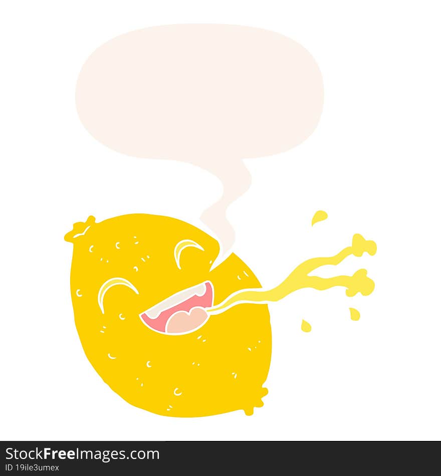 cartoon squirting lemon and speech bubble in retro style