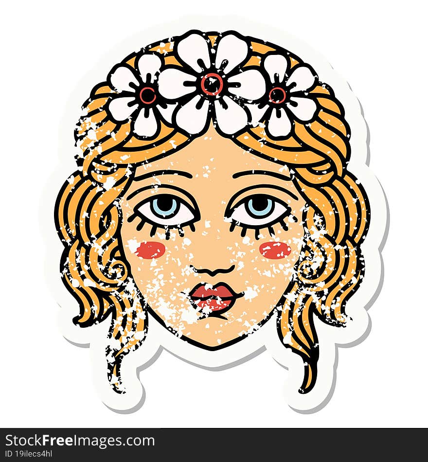 traditional distressed sticker tattoo of female face with crown of flowers