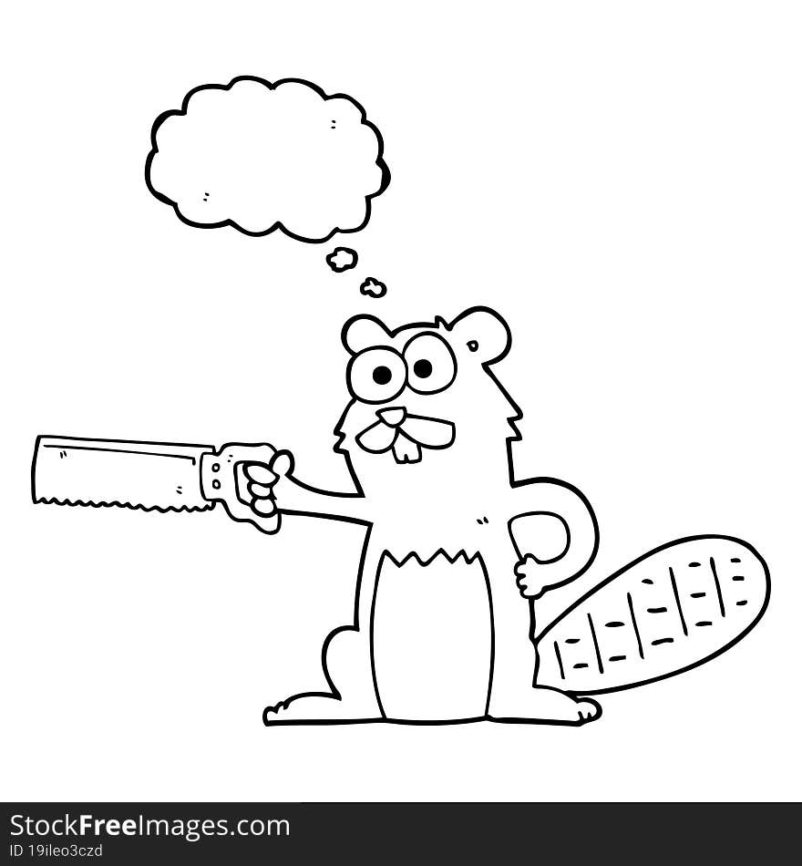 thought bubble cartoon beaver with saw