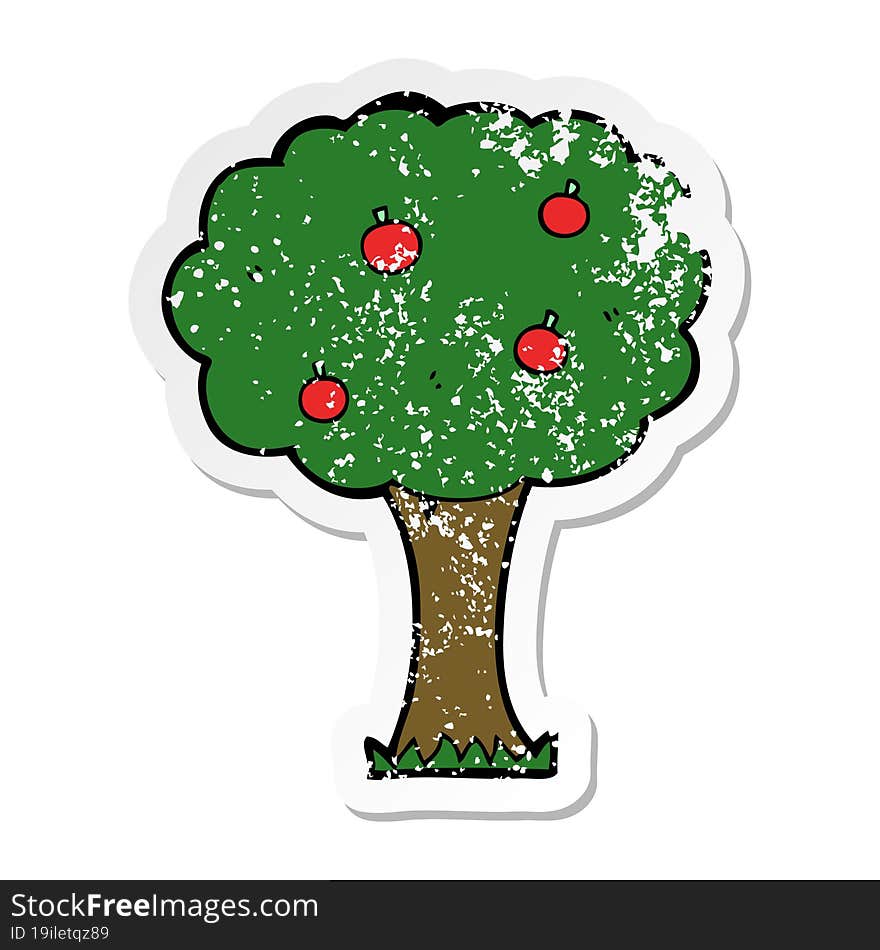 distressed sticker of a cartoon apple tree