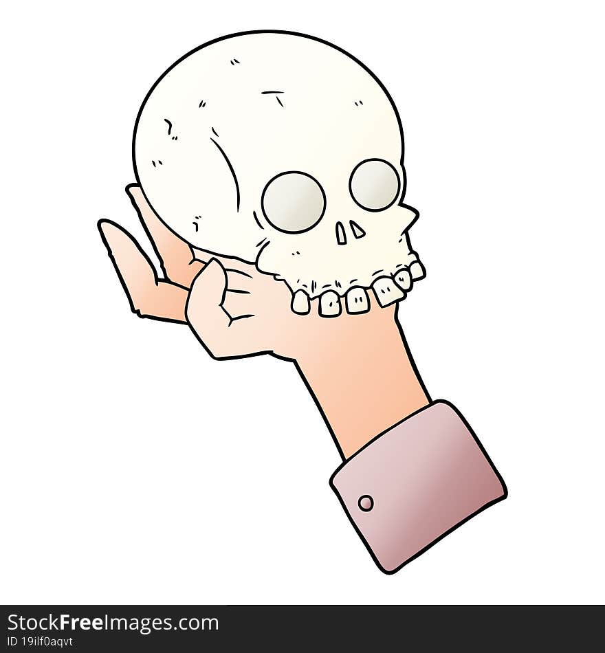 cartoon hand holding skull. cartoon hand holding skull