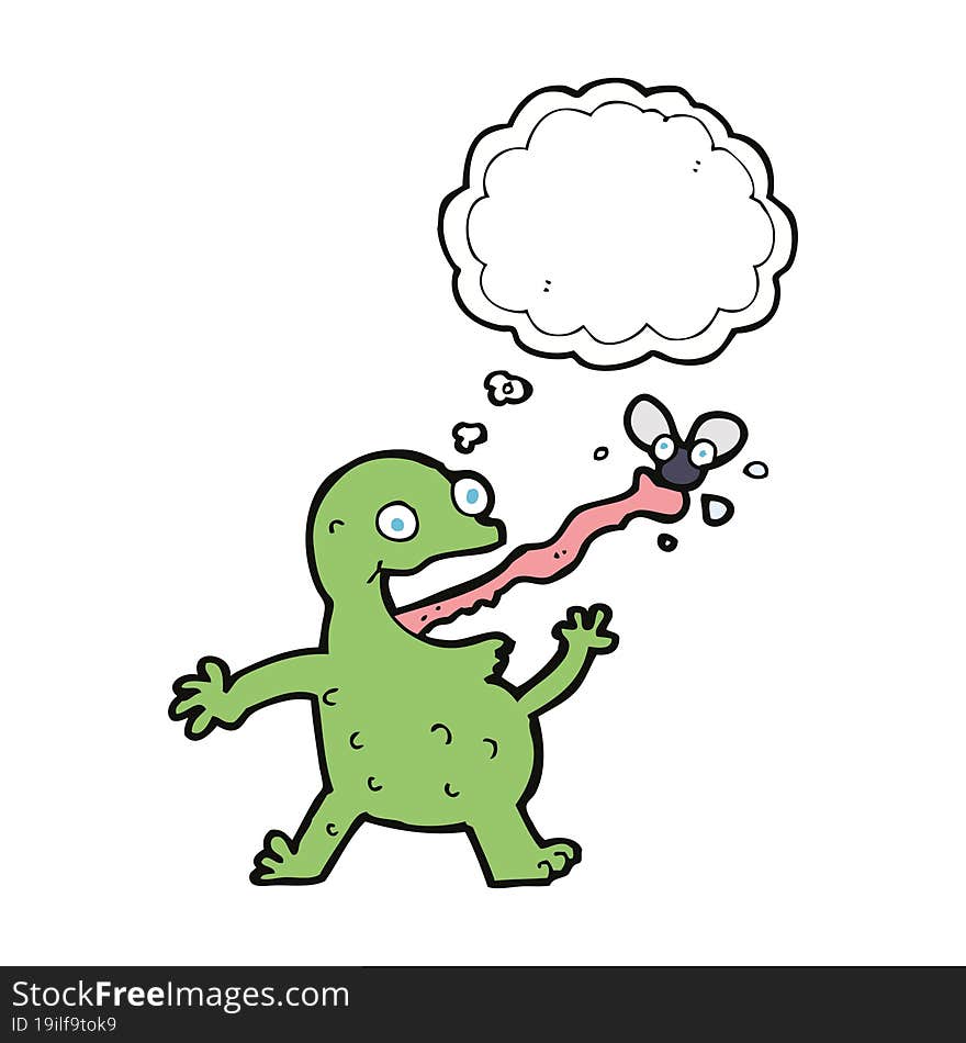 cartoon frog catching fly with thought bubble