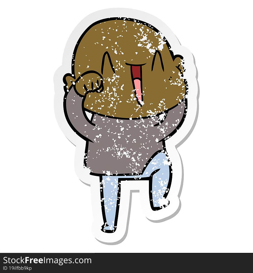 distressed sticker of a happy cartoon bald man