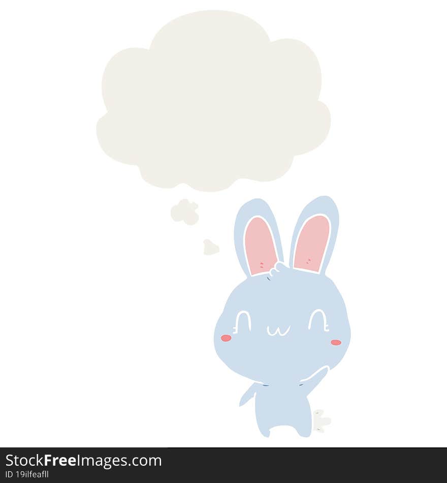 cartoon rabbit waving and thought bubble in retro style