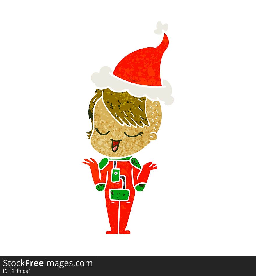 Happy Retro Cartoon Of A Girl In Space Suit Wearing Santa Hat