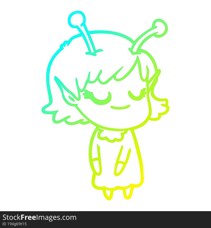 cold gradient line drawing smiling alien girl cartoon