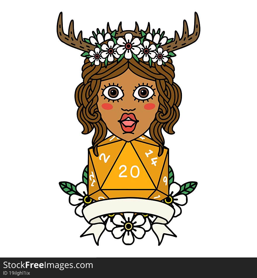 human druid with natural 20 dice roll illustration