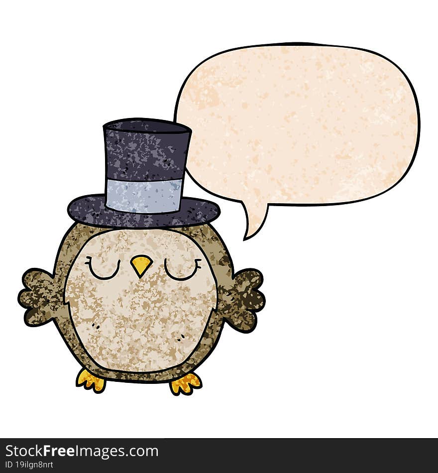 cartoon owl wearing top hat and speech bubble in retro texture style