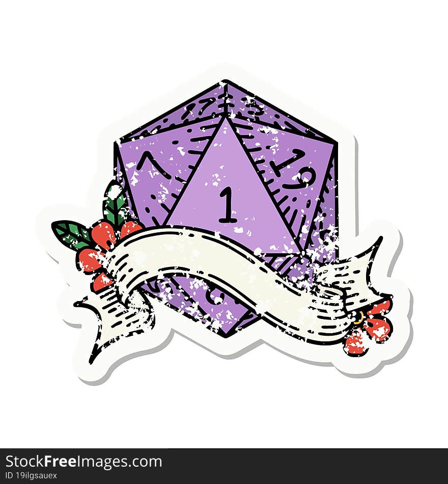 grunge sticker of a natural one d20 dice roll. grunge sticker of a natural one d20 dice roll