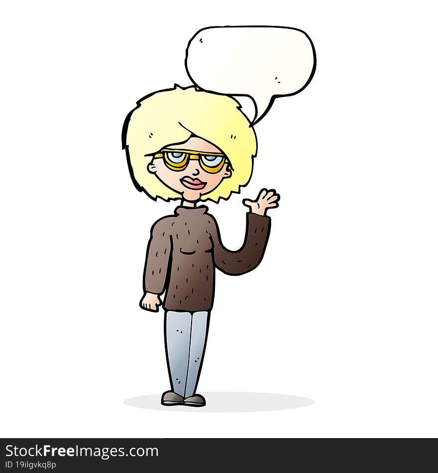 cartoon woman waving with speech bubble