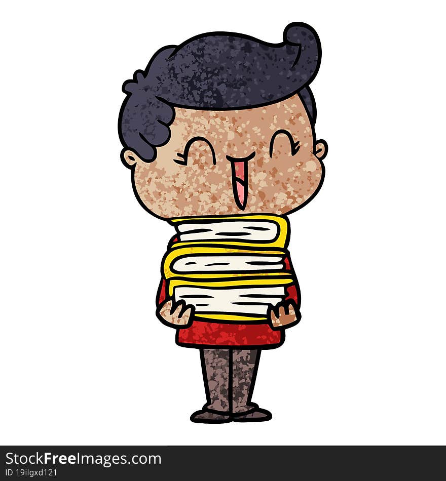 cartoon laughing boy carrying books. cartoon laughing boy carrying books