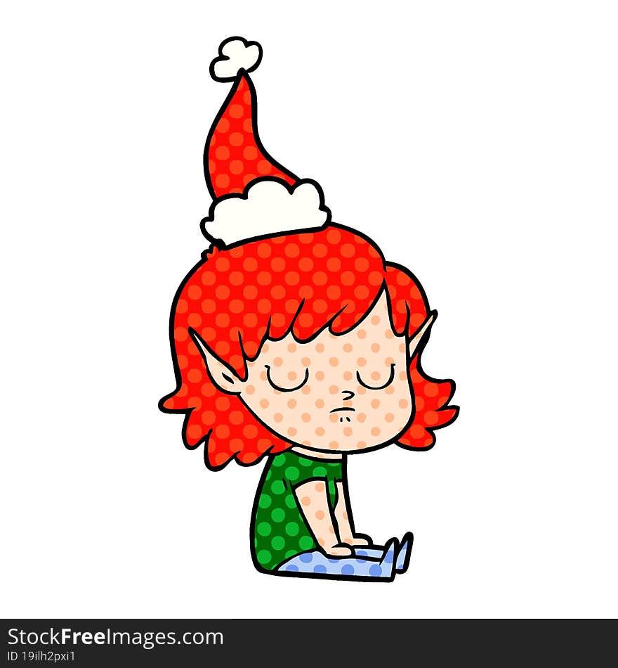 comic book style illustration of a elf girl wearing santa hat