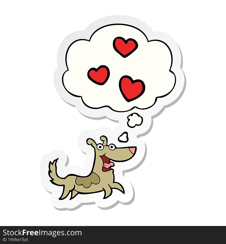 cartoon dog with love hearts and thought bubble as a printed sticker