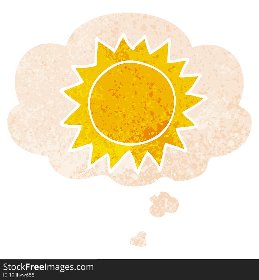 cartoon sun and thought bubble in retro textured style