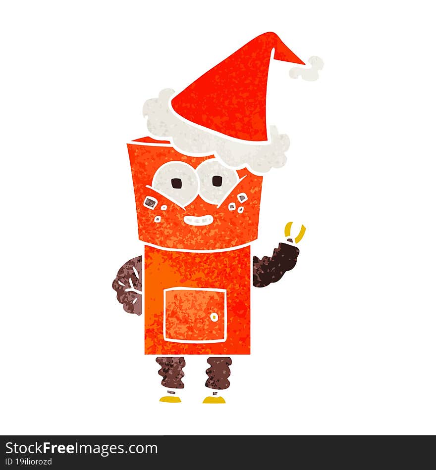 Happy Retro Cartoon Of A Robot Waving Hello Wearing Santa Hat