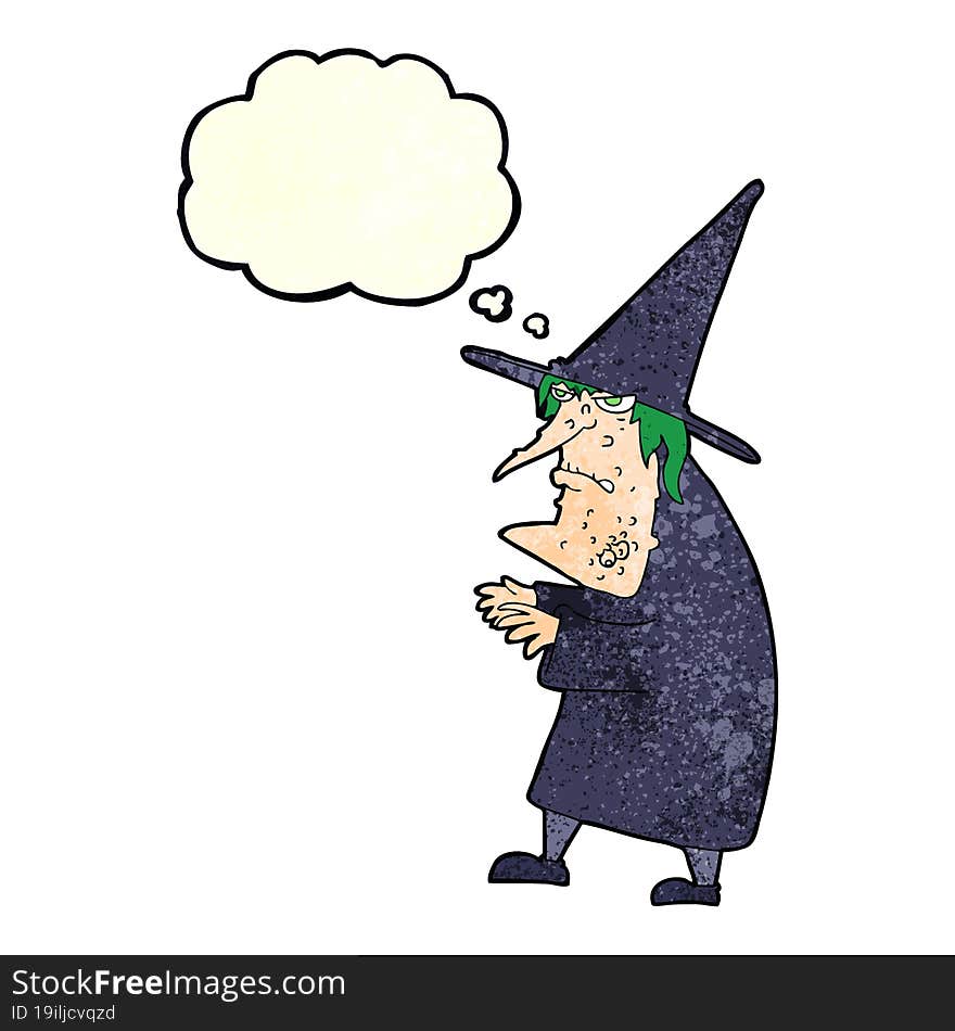 cartoon ugly old witch with thought bubble