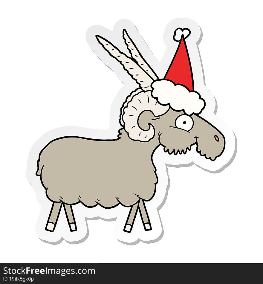 Sticker Cartoon Of A Goat Wearing Santa Hat