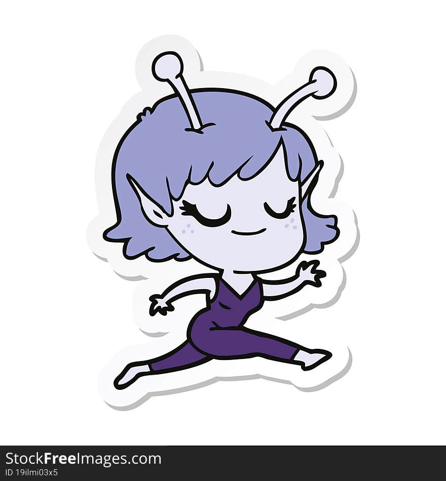 sticker of a smiling alien girl cartoon running