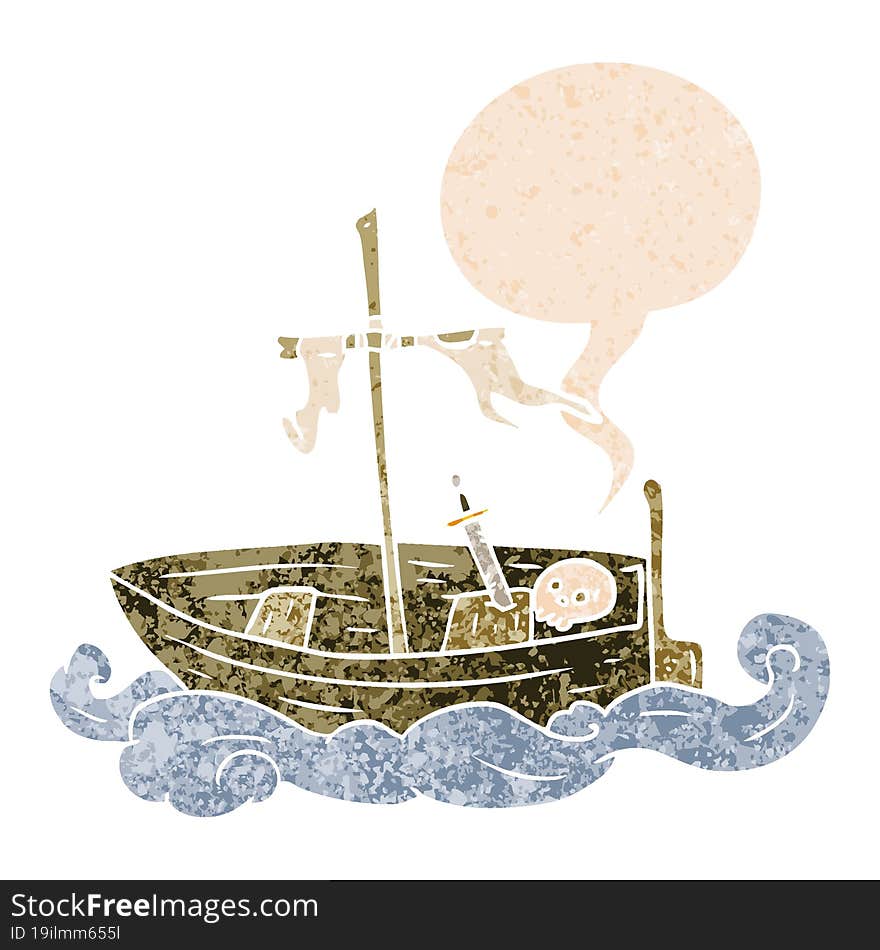 cartoon old boat and speech bubble in retro textured style