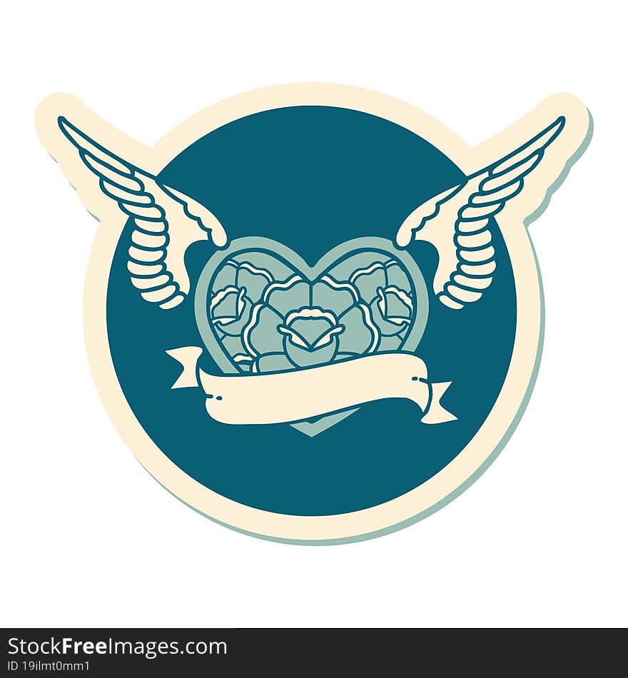 sticker of tattoo in traditional style of a flying heart with flowers and banner. sticker of tattoo in traditional style of a flying heart with flowers and banner