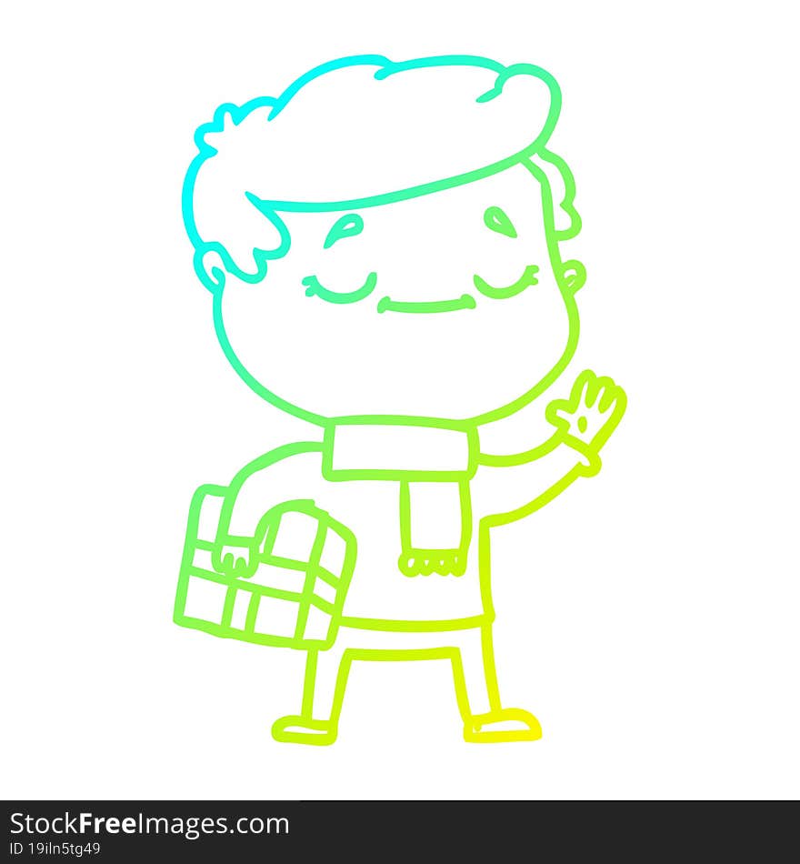 Cold Gradient Line Drawing Cartoon Man Carrying Christmas Present Waving