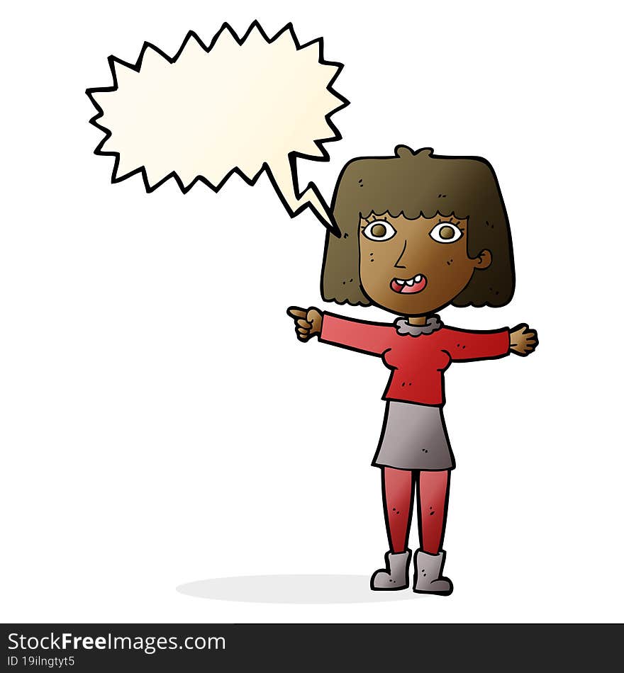 Cartoon Happy Woman Pointing With Speech Bubble