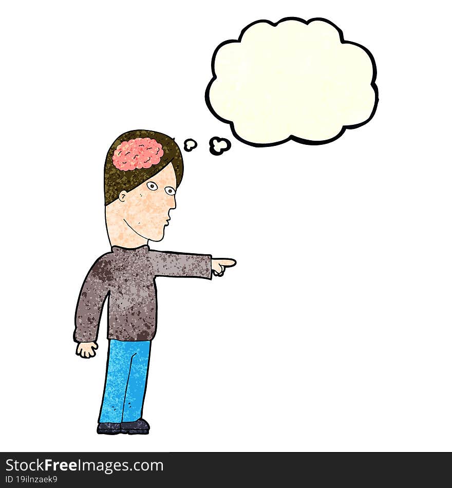 cartoon clever man pointing with thought bubble