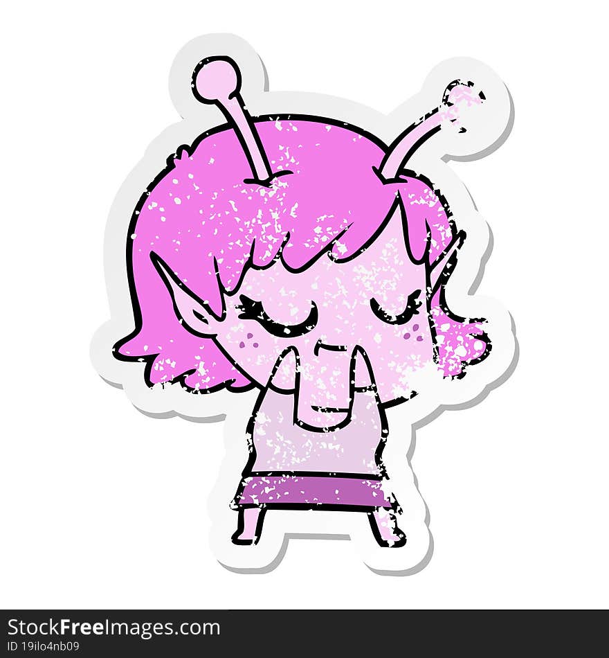 distressed sticker of a smiling alien girl cartoon