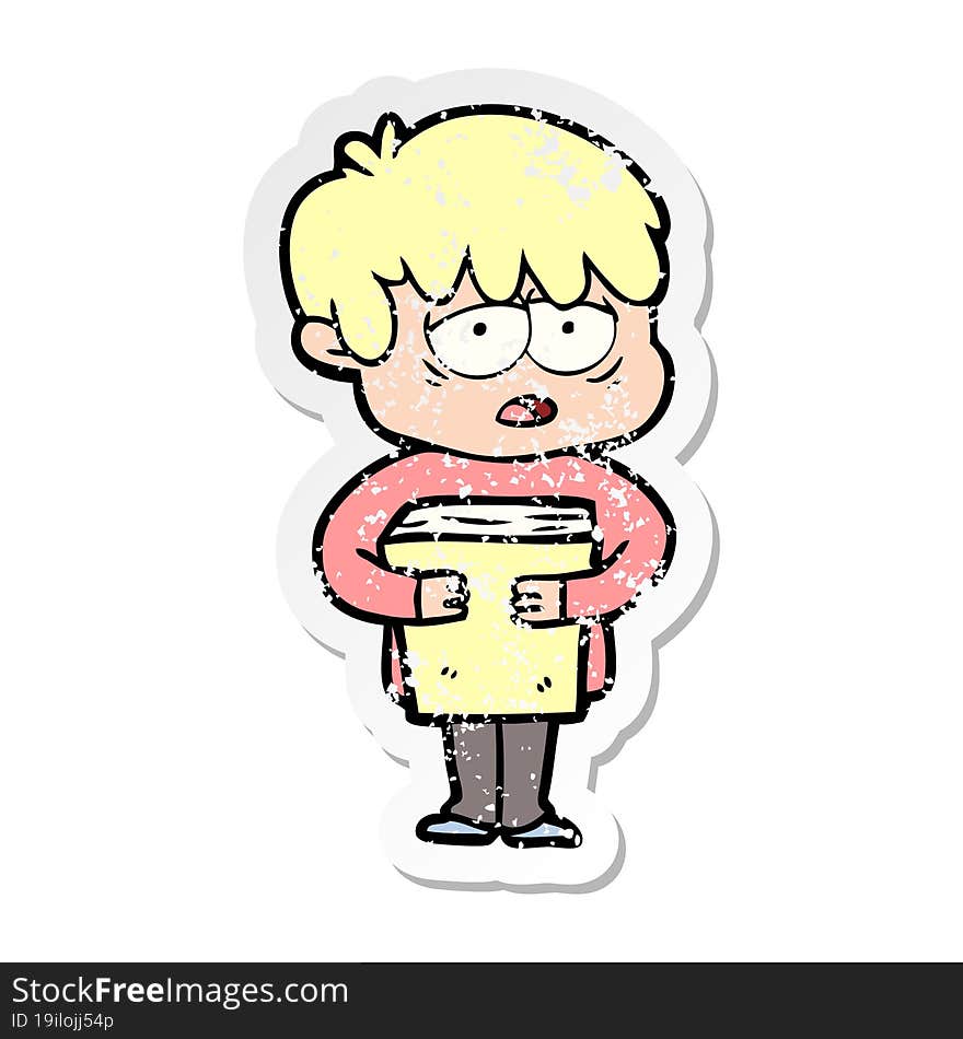 Distressed Sticker Of A Cartoon Exhausted Boy Holding Book