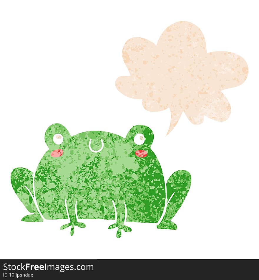 cartoon frog and speech bubble in retro textured style