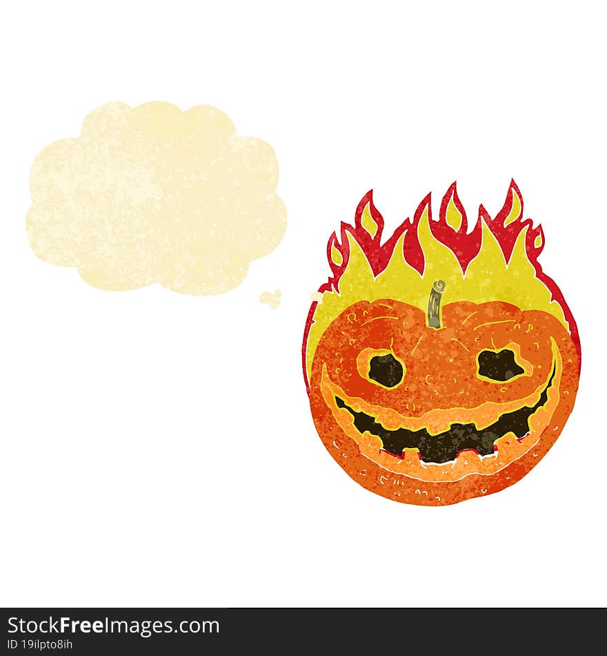 cartoon spooky pumpkin with thought bubble