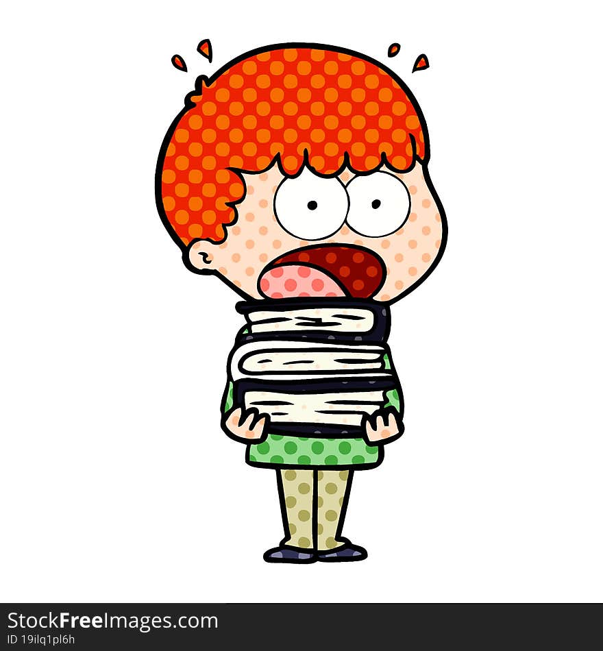 cartoon shocked boy with stack of books. cartoon shocked boy with stack of books