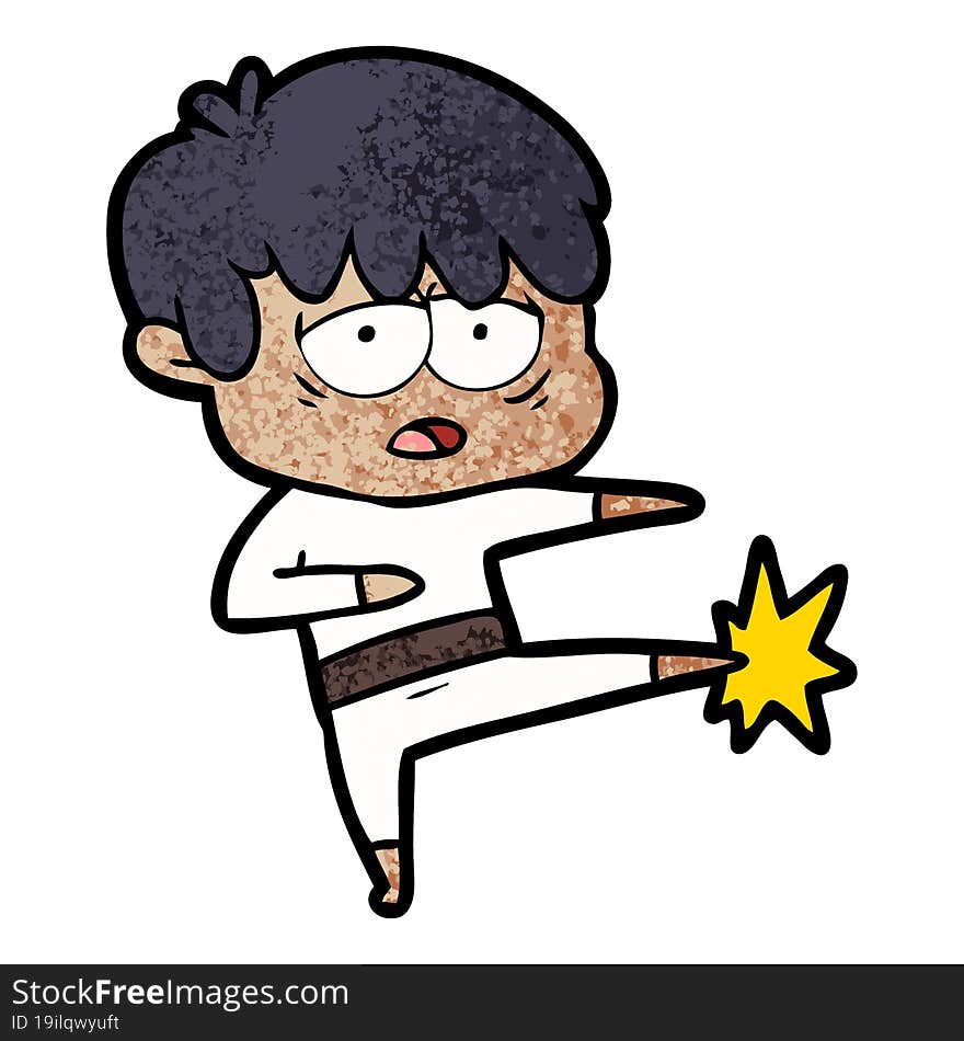 cartoon exhausted boy doing karate. cartoon exhausted boy doing karate