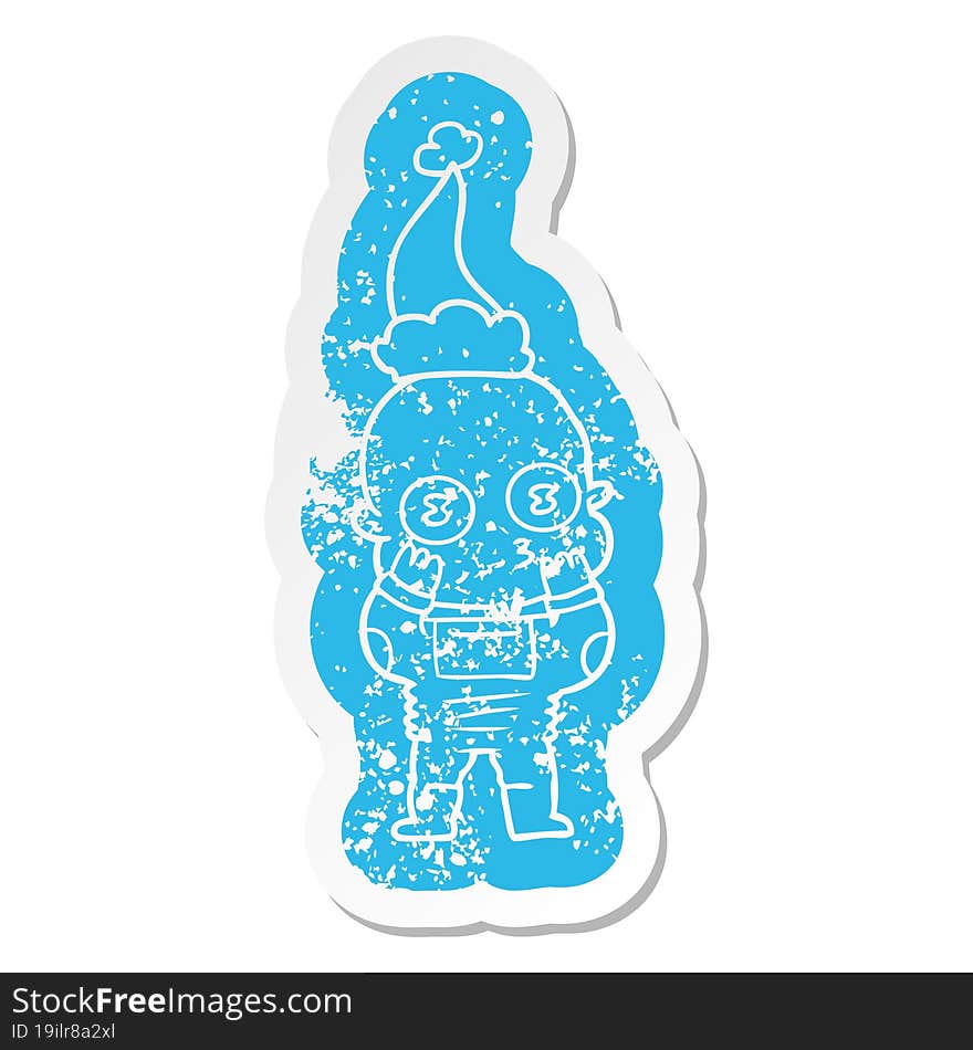 cartoon distressed sticker of a weird bald spaceman wearing santa hat