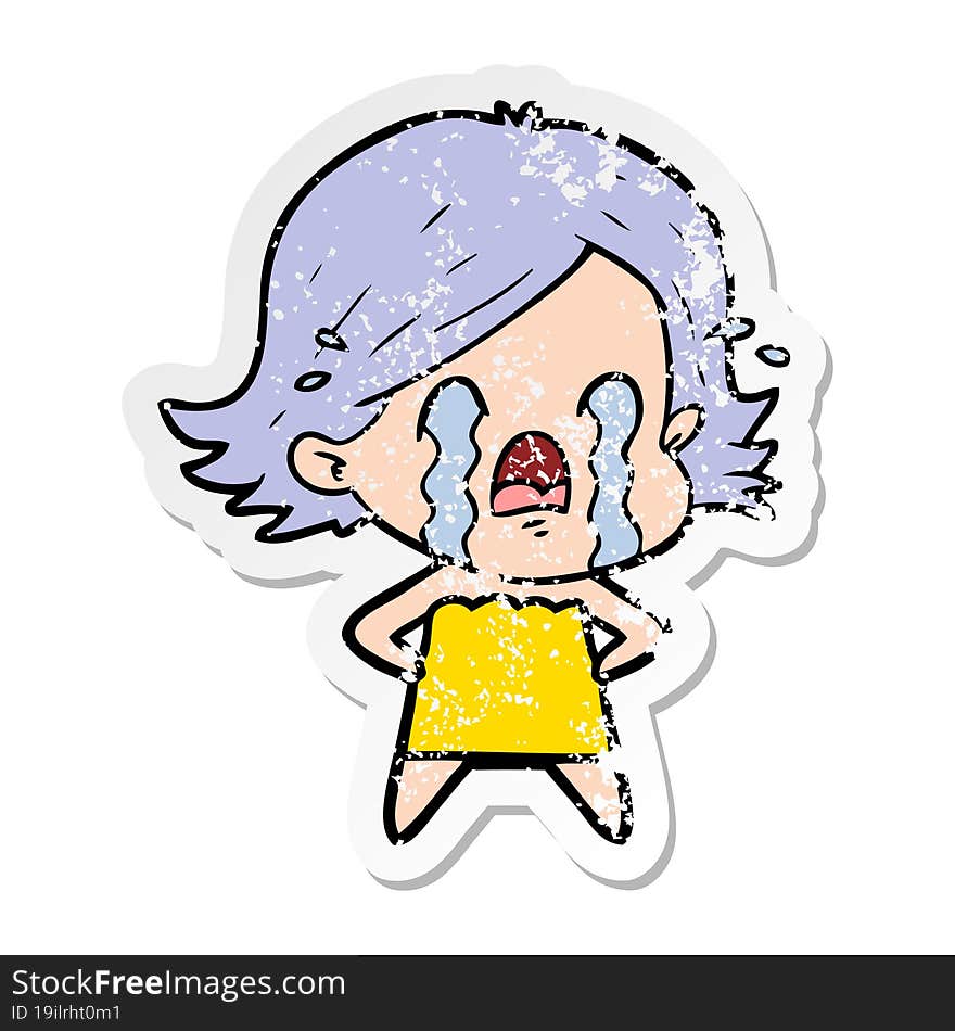 distressed sticker of a cartoon woman crying