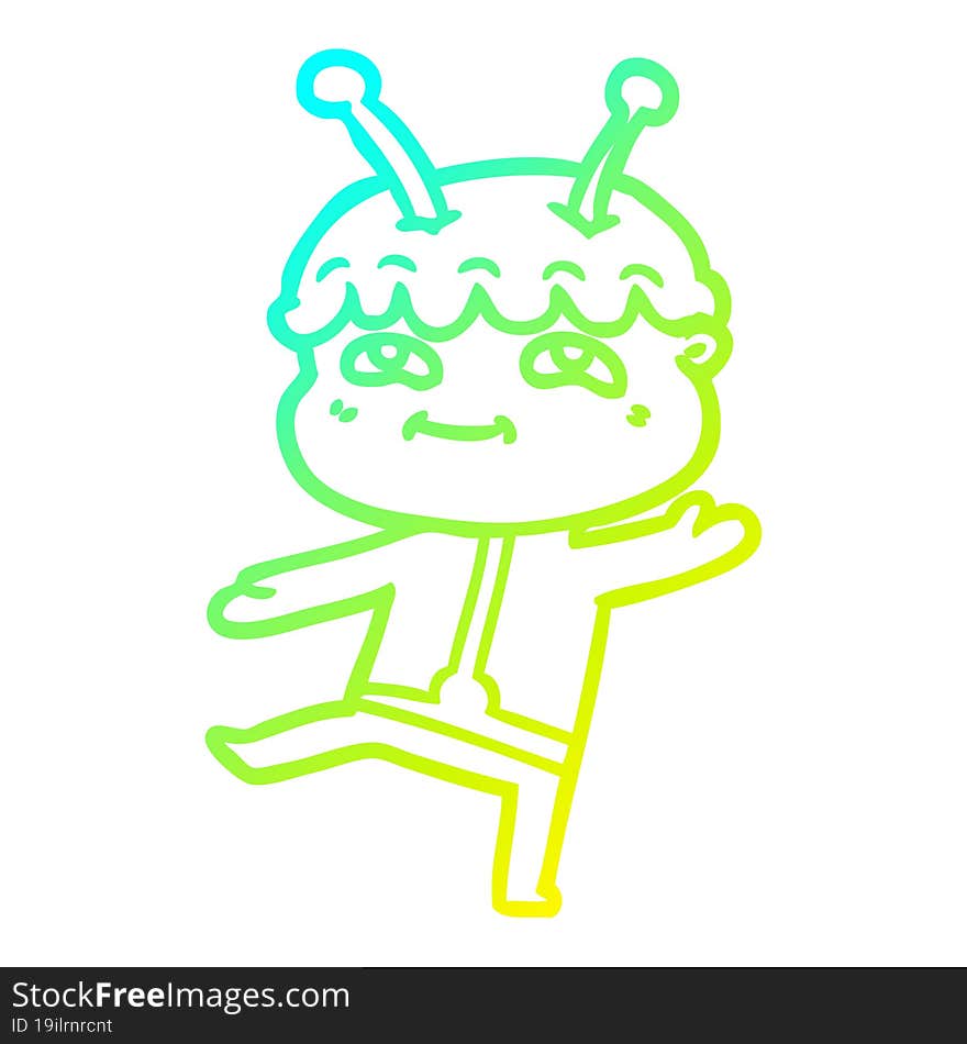 cold gradient line drawing of a friendly cartoon spaceman dancing