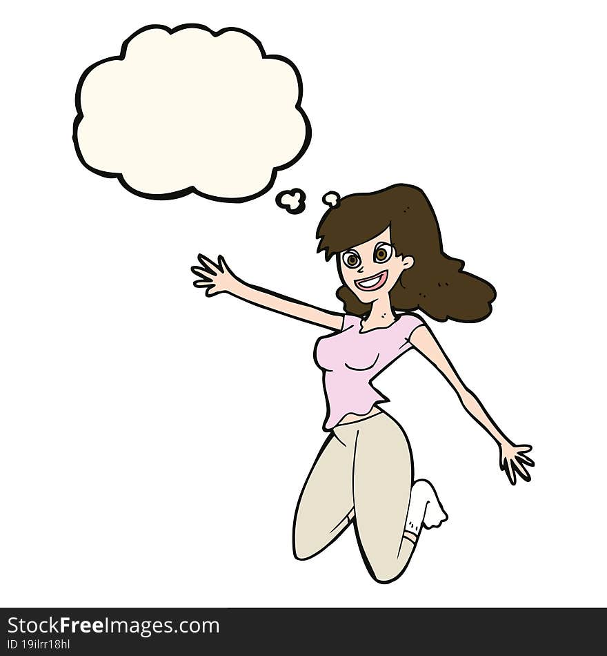 cartoon jumping woman with thought bubble