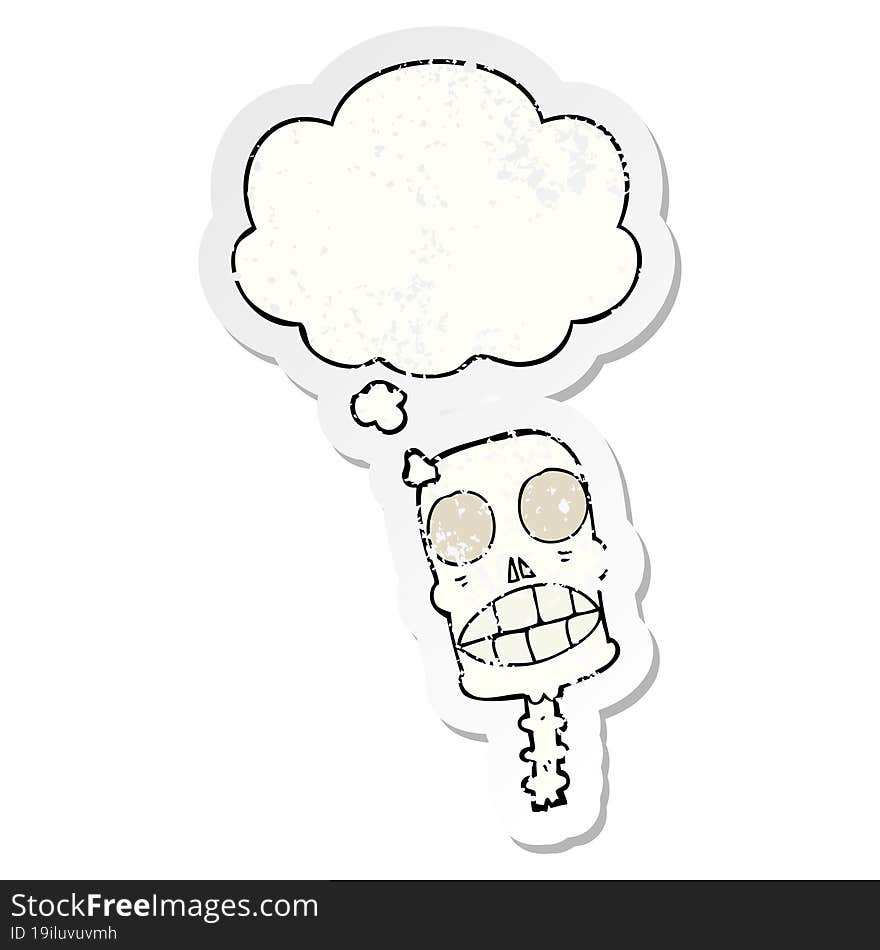 cartoon spooky skull and thought bubble as a distressed worn sticker