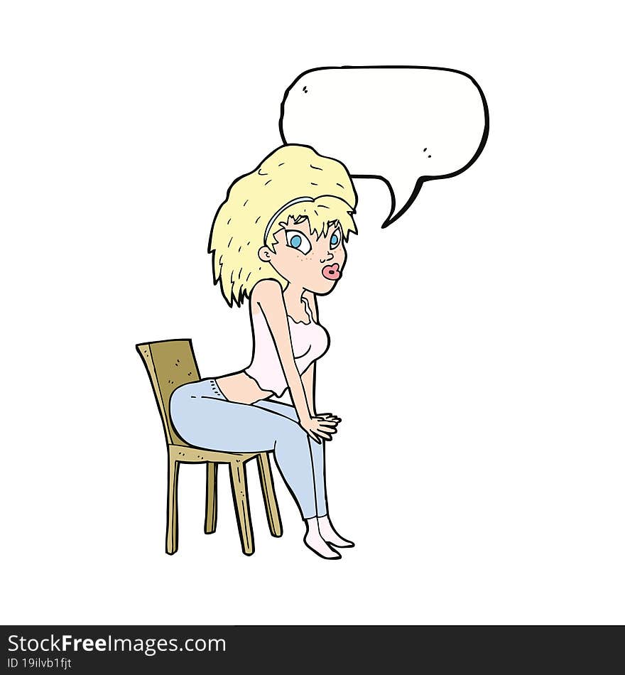 cartoon woman posing on chair with speech bubble