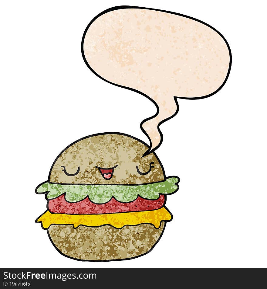 cartoon burger and speech bubble in retro texture style