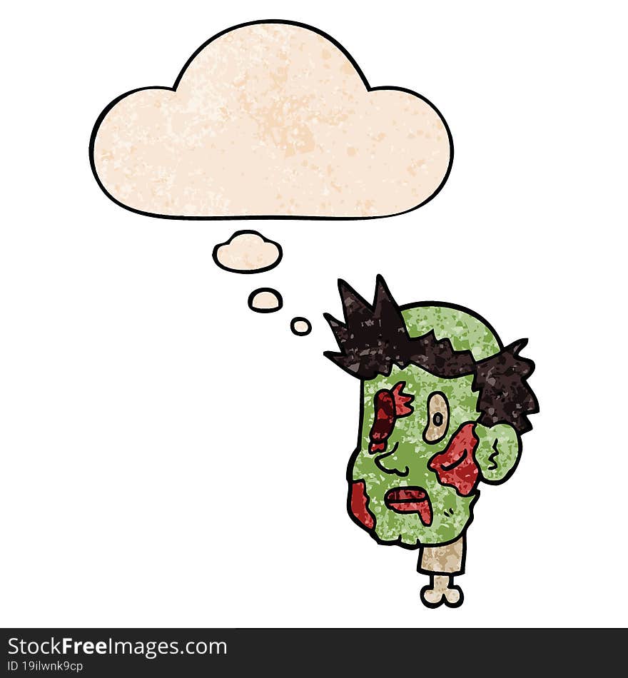 cartoon zombie head and thought bubble in grunge texture pattern style