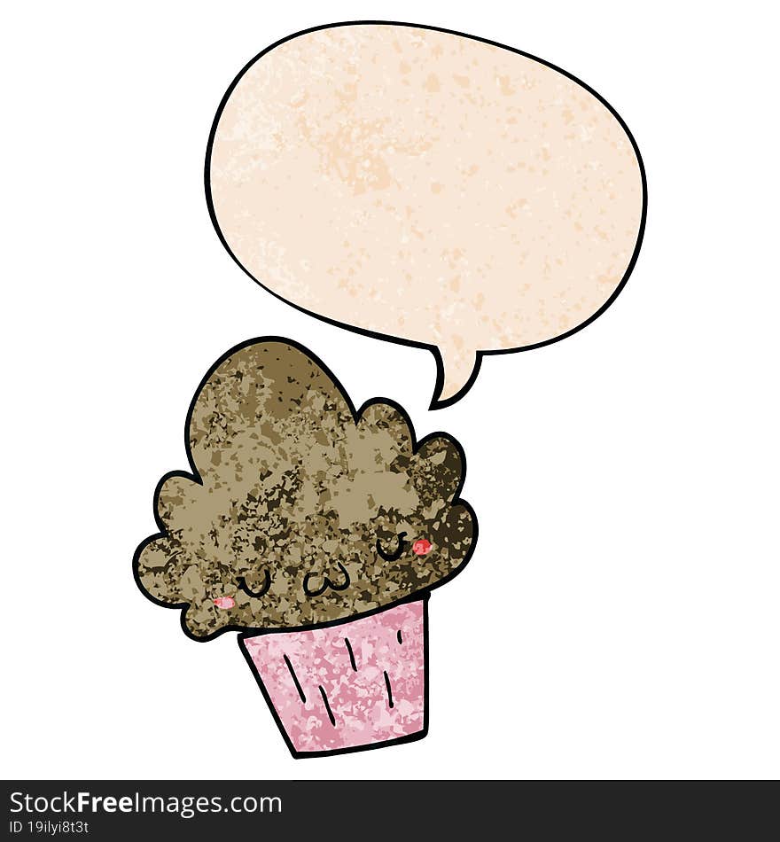 cartoon cupcake and face and speech bubble in retro texture style