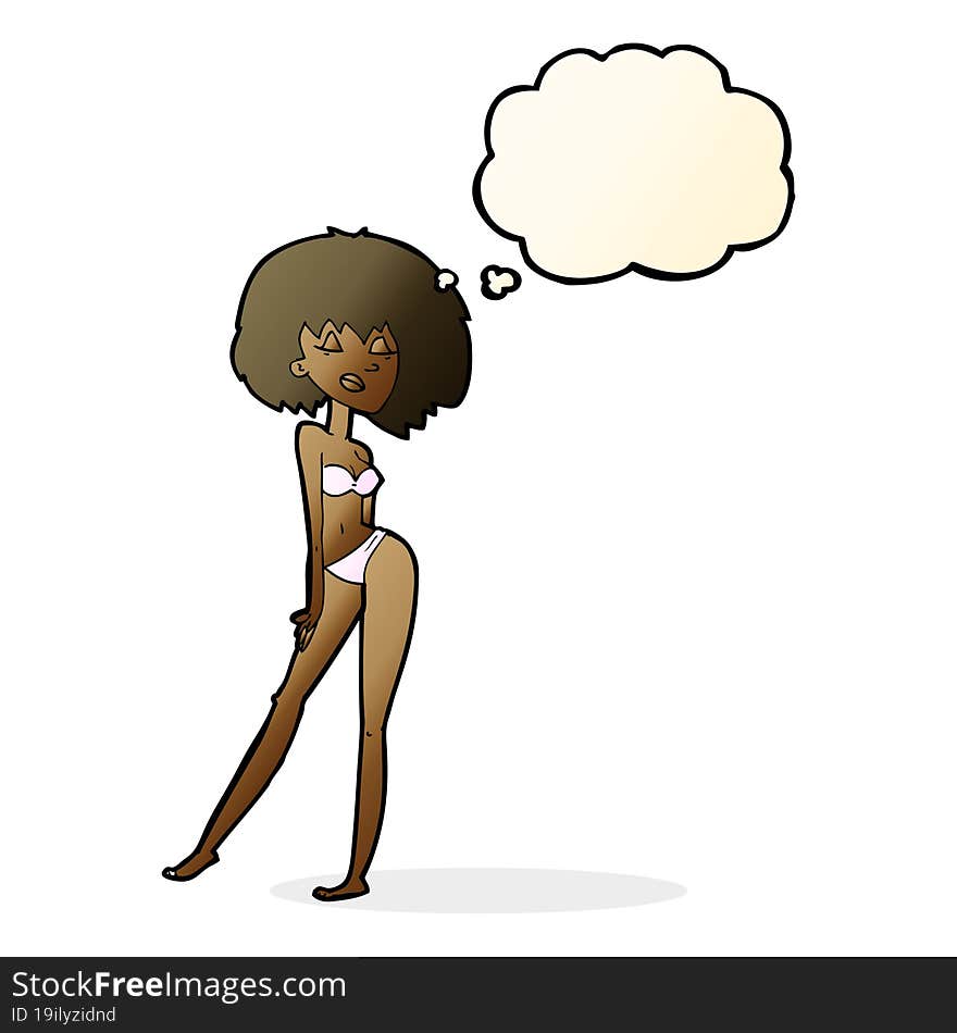 cartoon woman in bikini with thought bubble