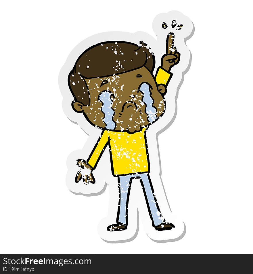 distressed sticker of a cartoon man crying